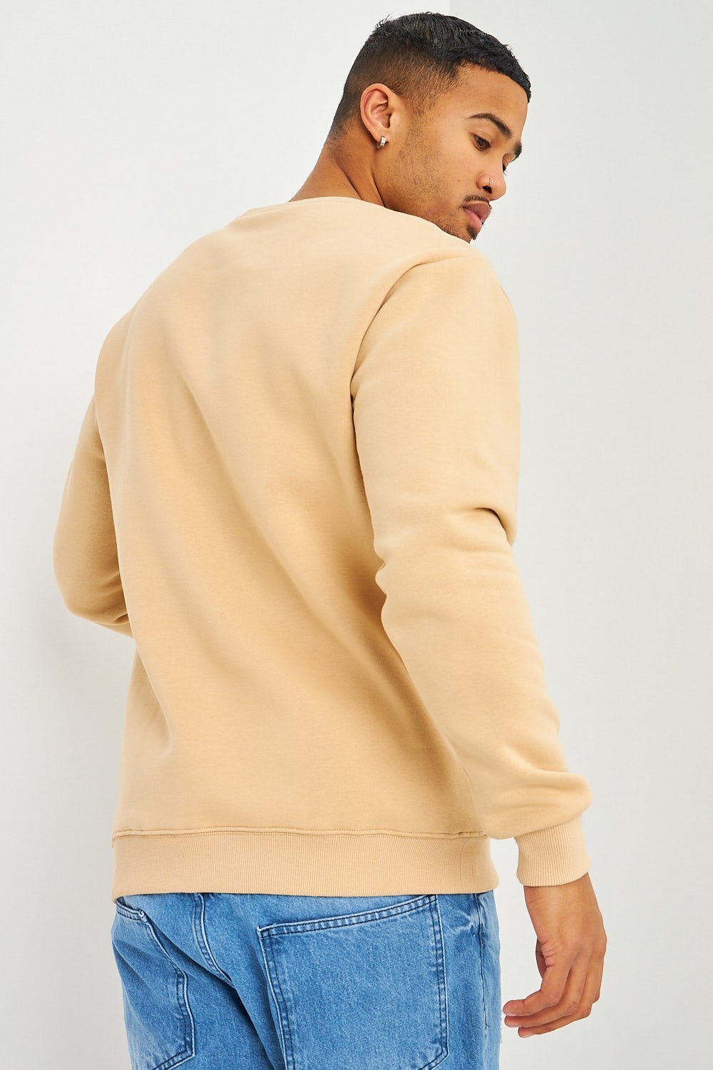 Beige fleece-lined crew-neck sweatshirt
