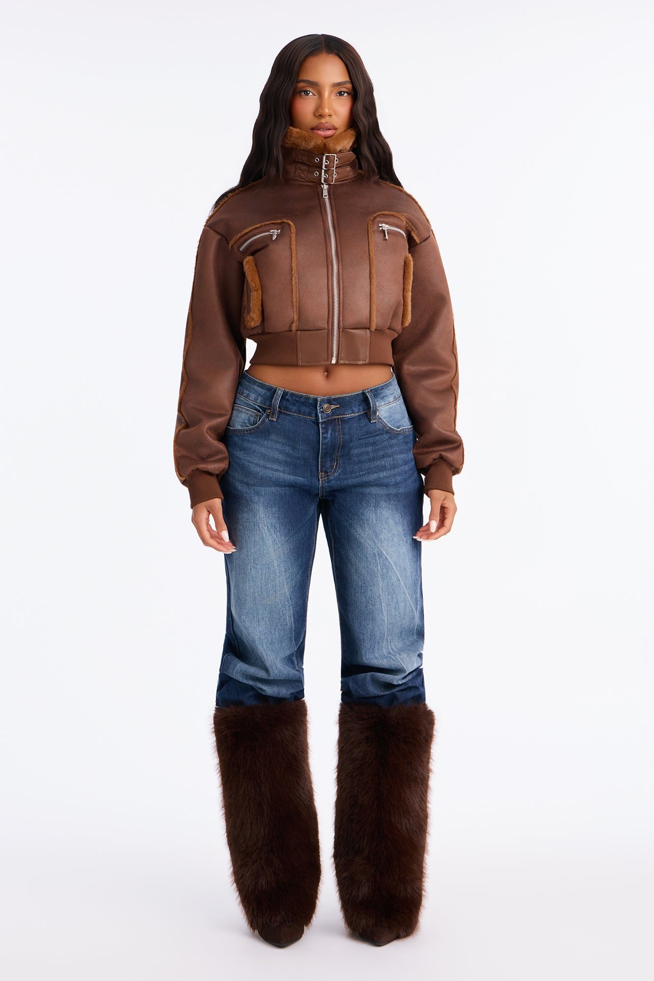 Colorblock Faux Fur Cropped Jacket