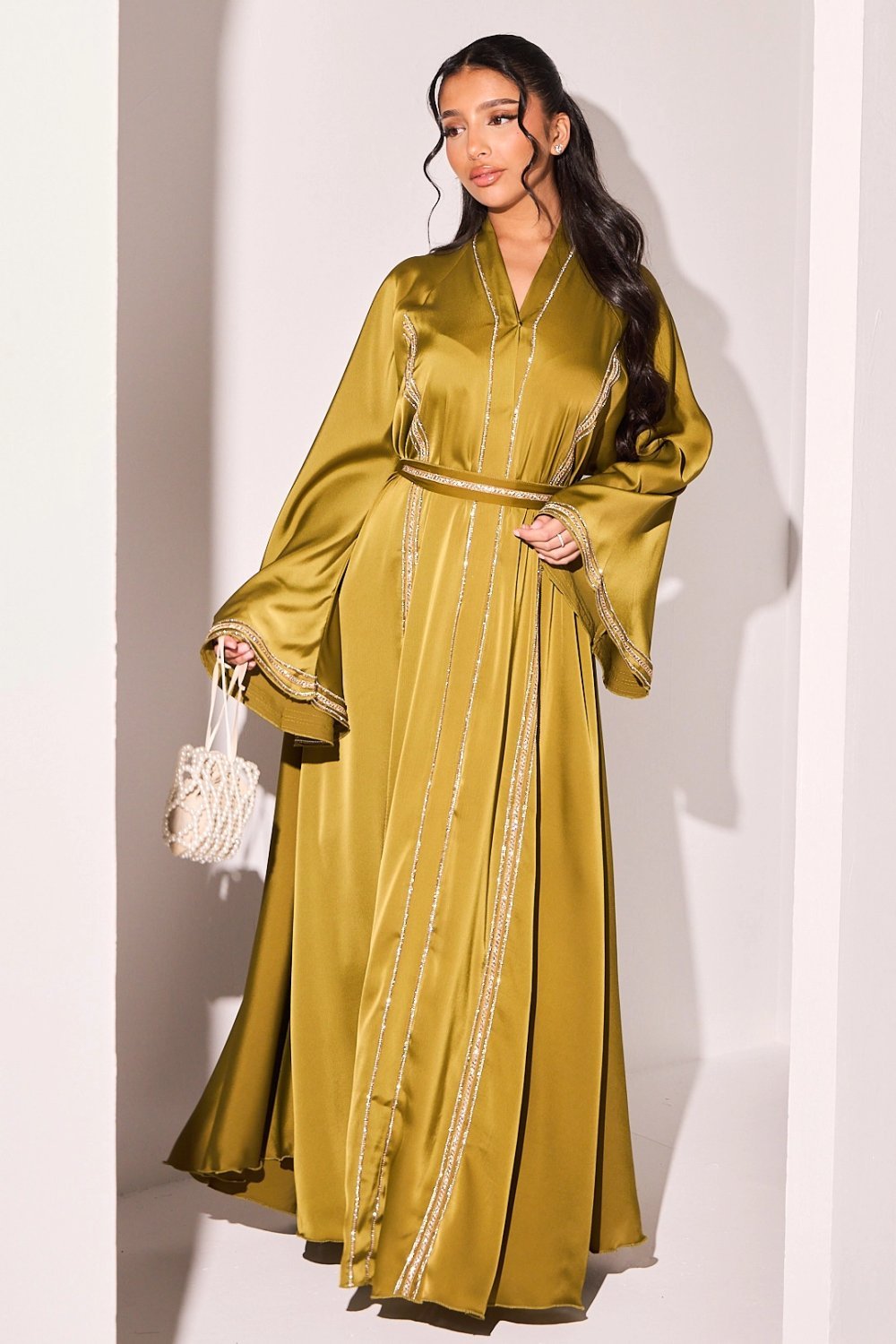 Abaya b bandes strass jouj lwan vert olive