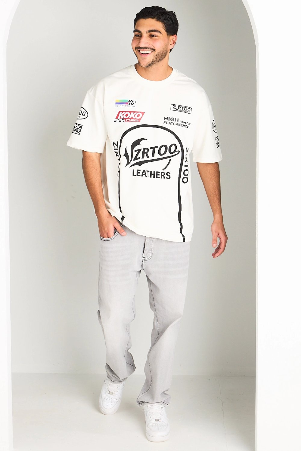 White tee with black chest lettering