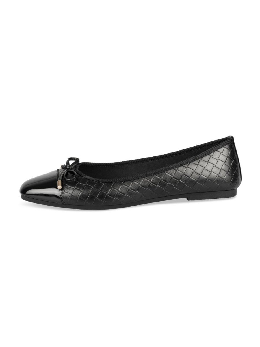 Black woven-texture ballerinas, patent toe
