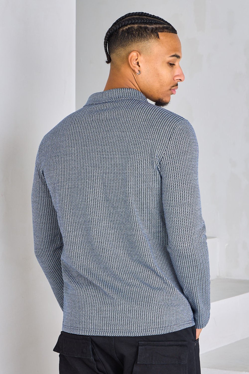 Navy and white chevron zip-neck jumper