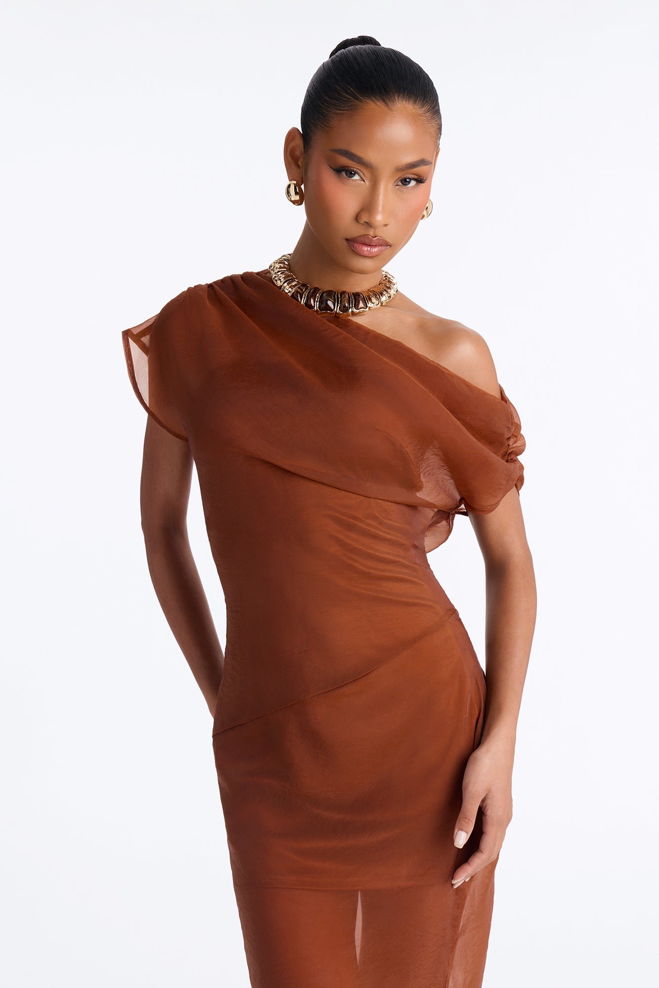 Off shoulder taffeta maxi dress