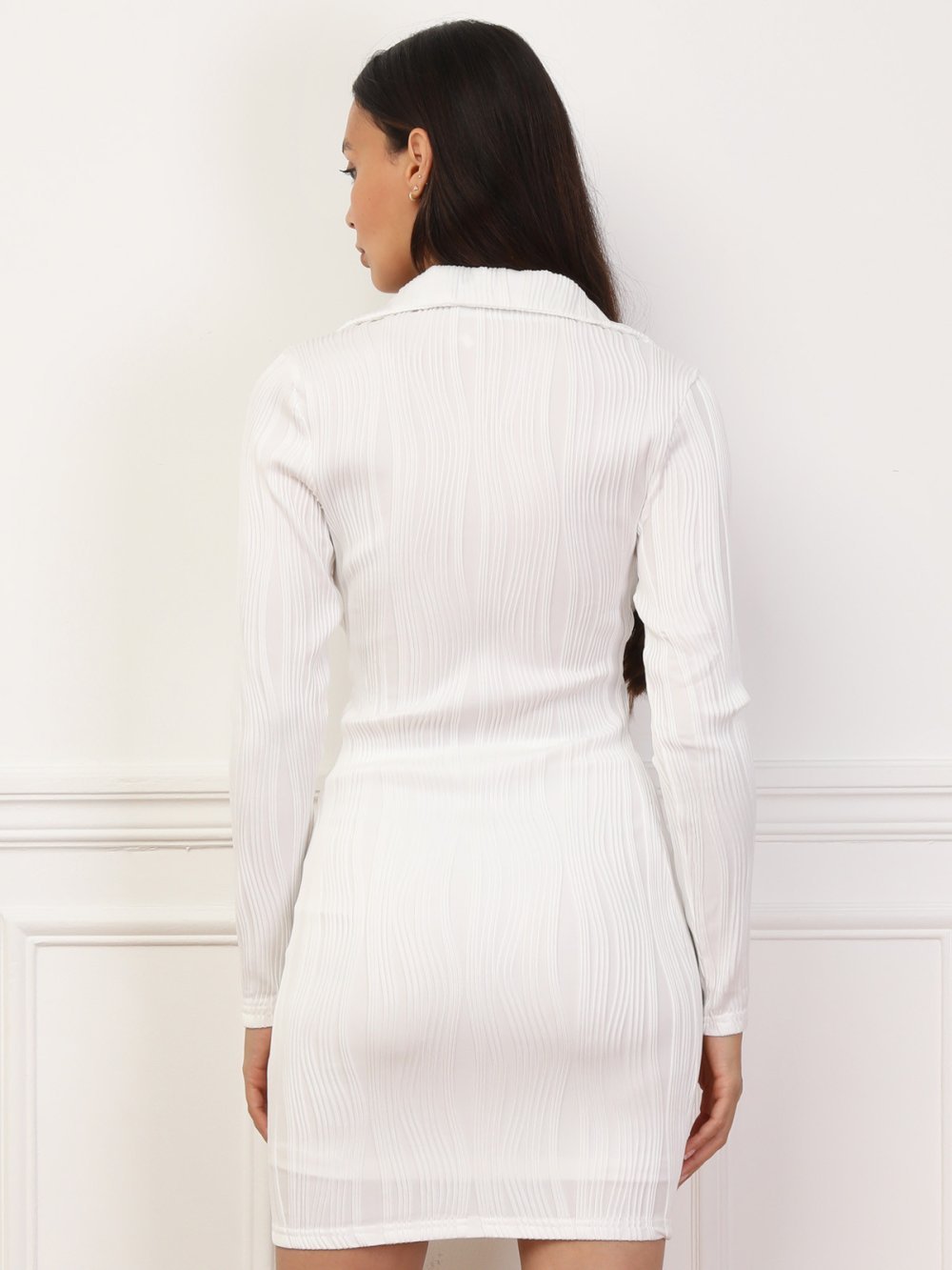 White textured short dress with polo collar