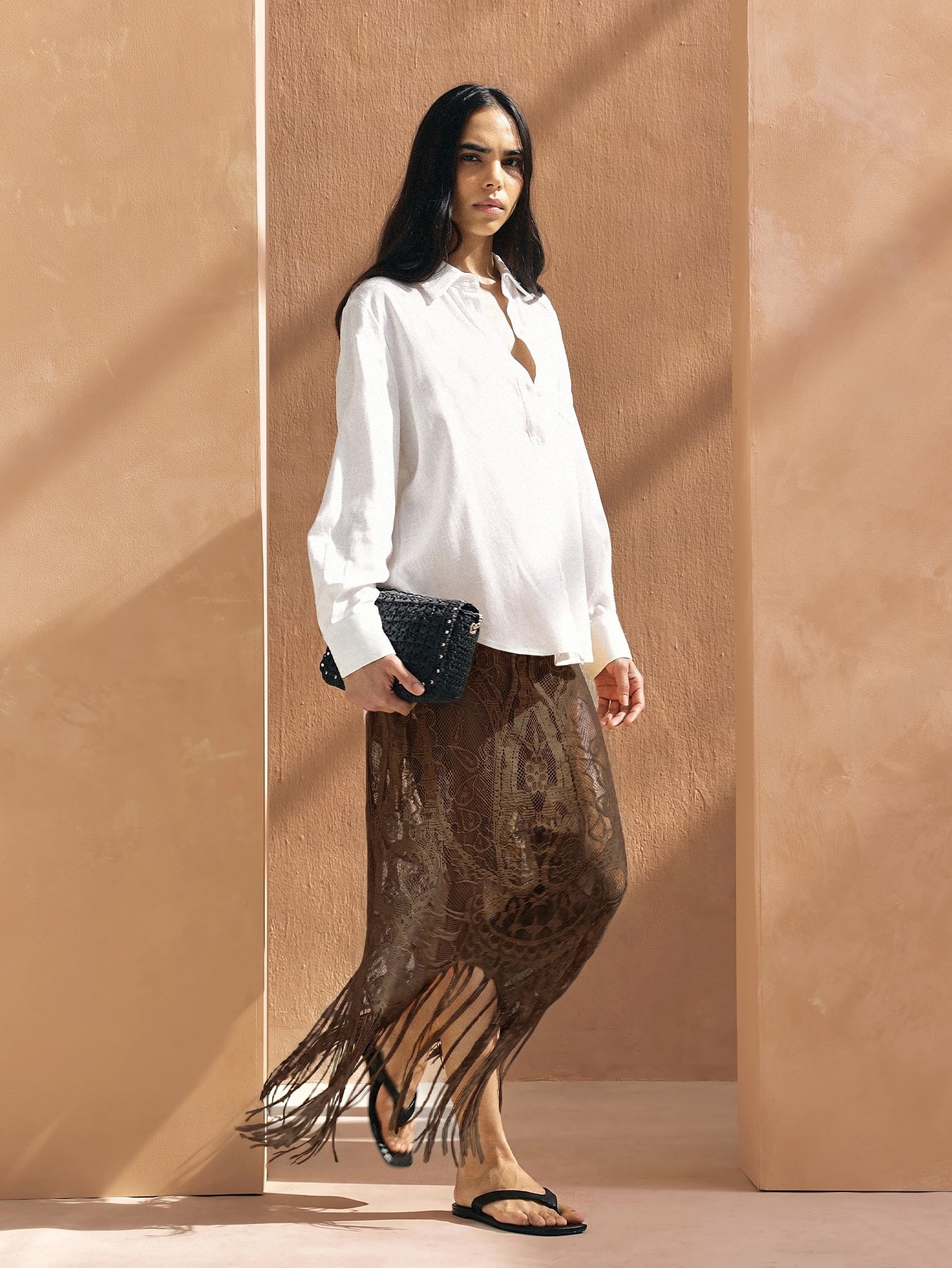Jupe Longue Maxi En Dentelle À Franges