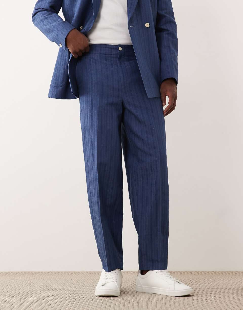 Oversized Tapered Striped Linen Blend Suit Trousers - Blue