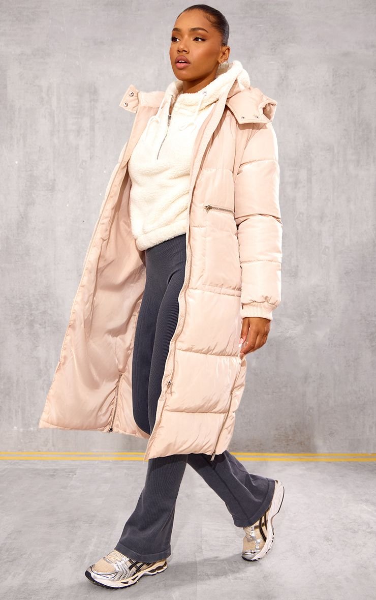 Manteau Doudoune Maxi À Capuche Couleur Pierre