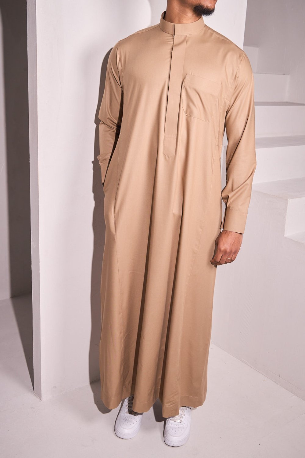 Dark beige straight qamis with chest pocket