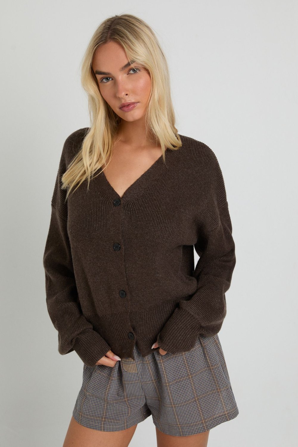 Chocolate ribbed V-neck cardigan