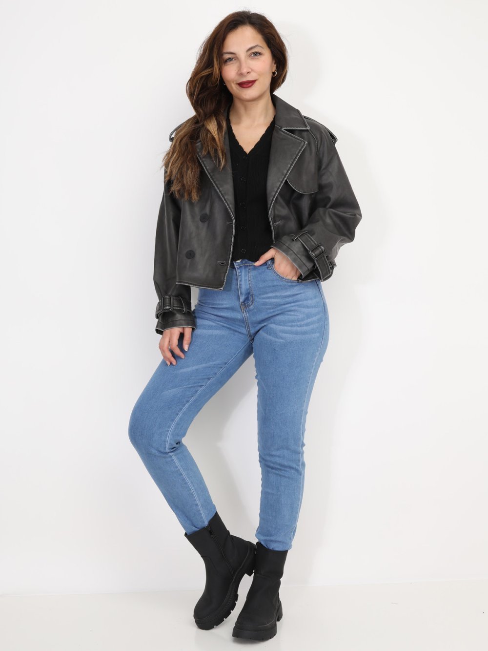 Dark grey distressed faux leather trench jacket