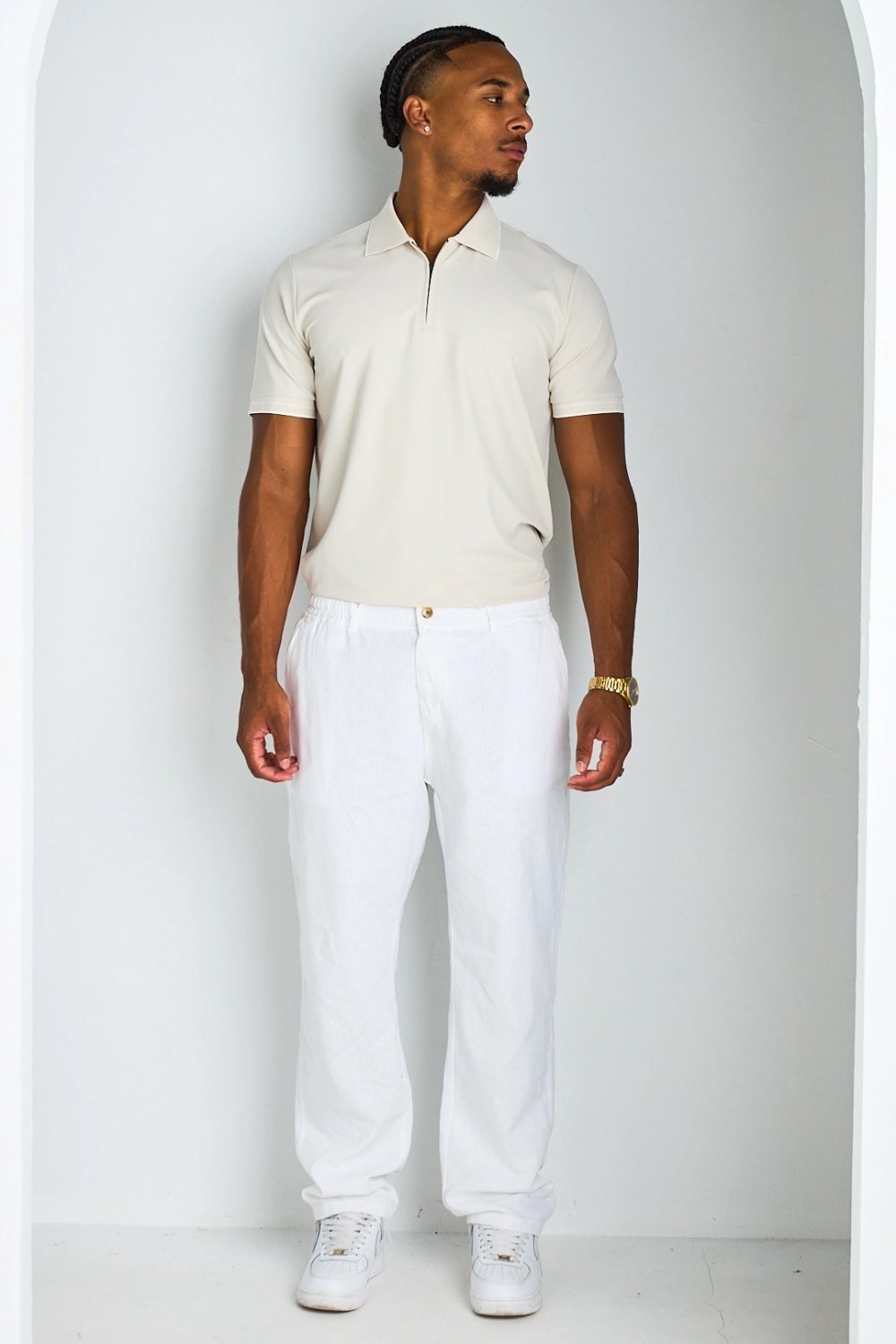 White linen-blend drawstring straight trousers