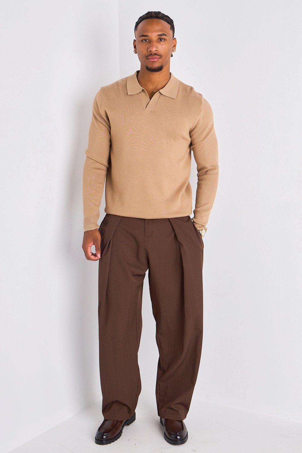 Beige plain long-sleeved polo shirt