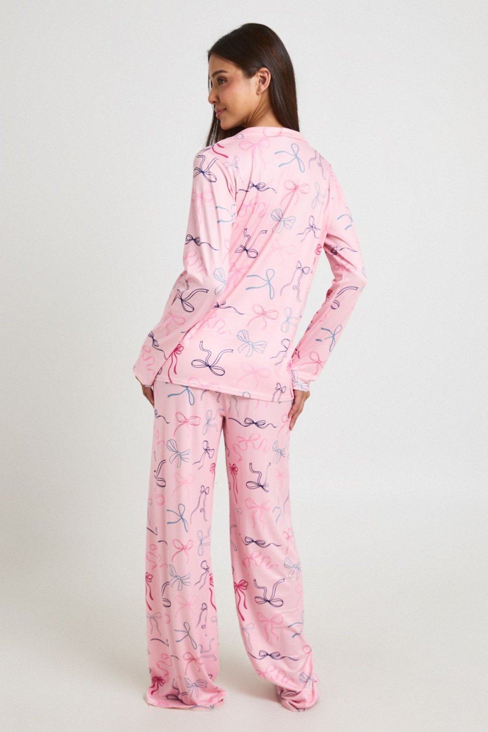 Pyjama haut et pantalon à nœuds rose pâle