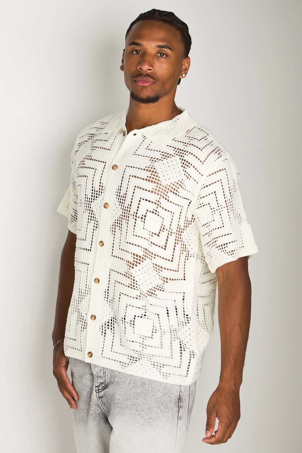 White open-knit short-sleeved polo