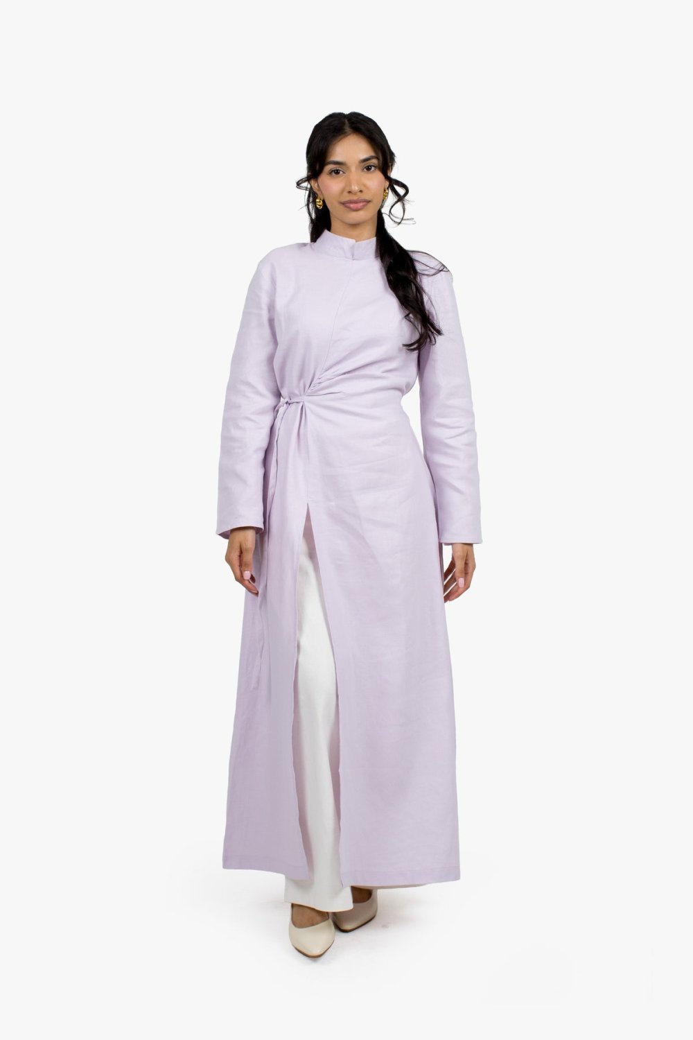 Robe longue fendue en lin et coton - Lilas