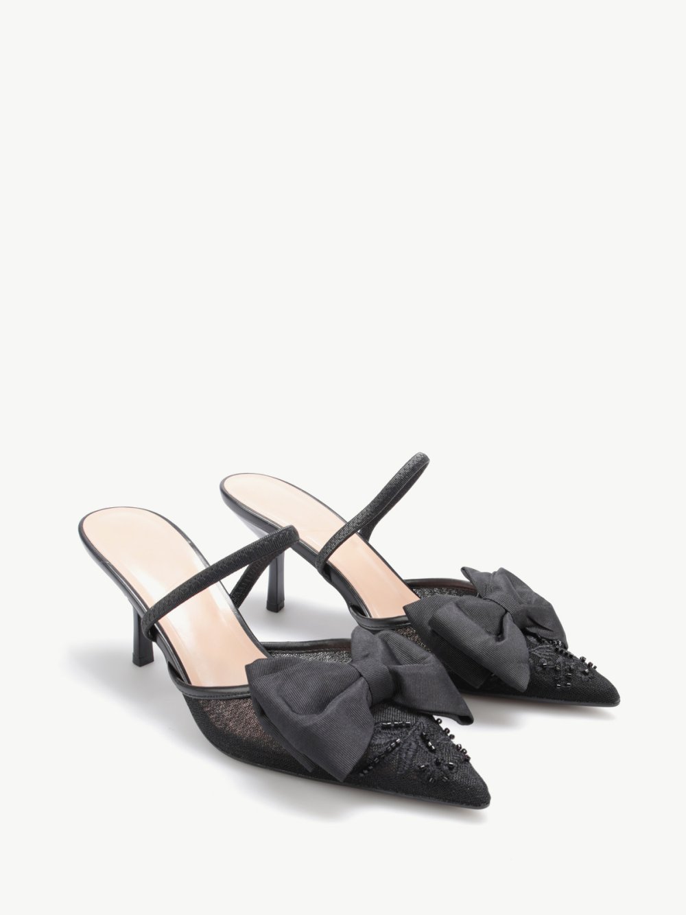 Embroidered tulle heels with bow and pearls