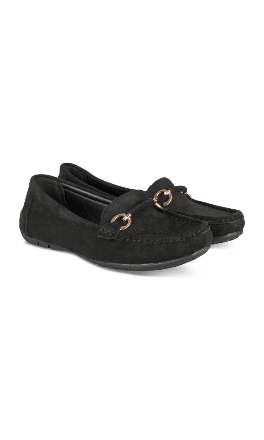 Black faux suede loafers, gold horsebit