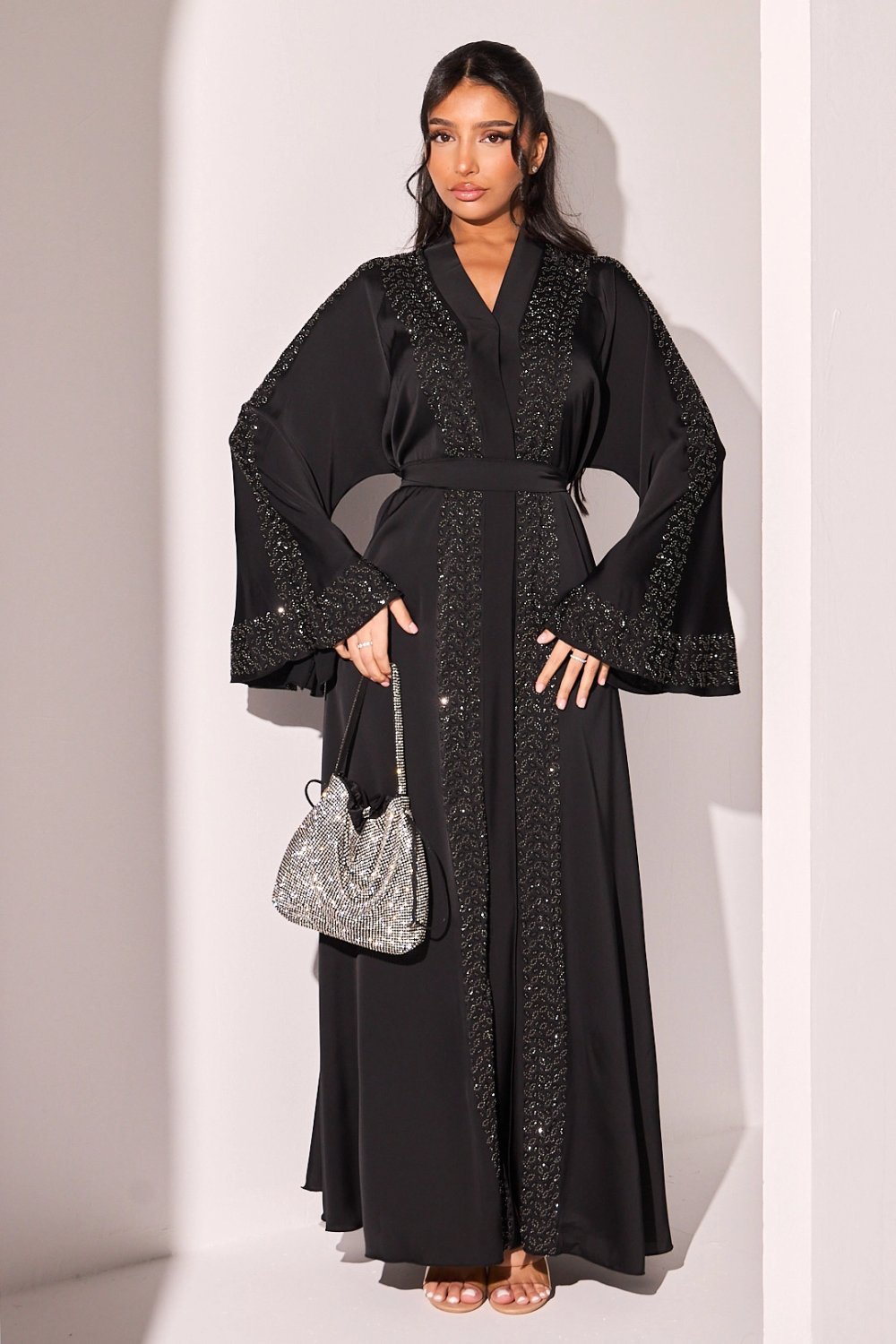 Abaya style kimono à strass feuilles noire