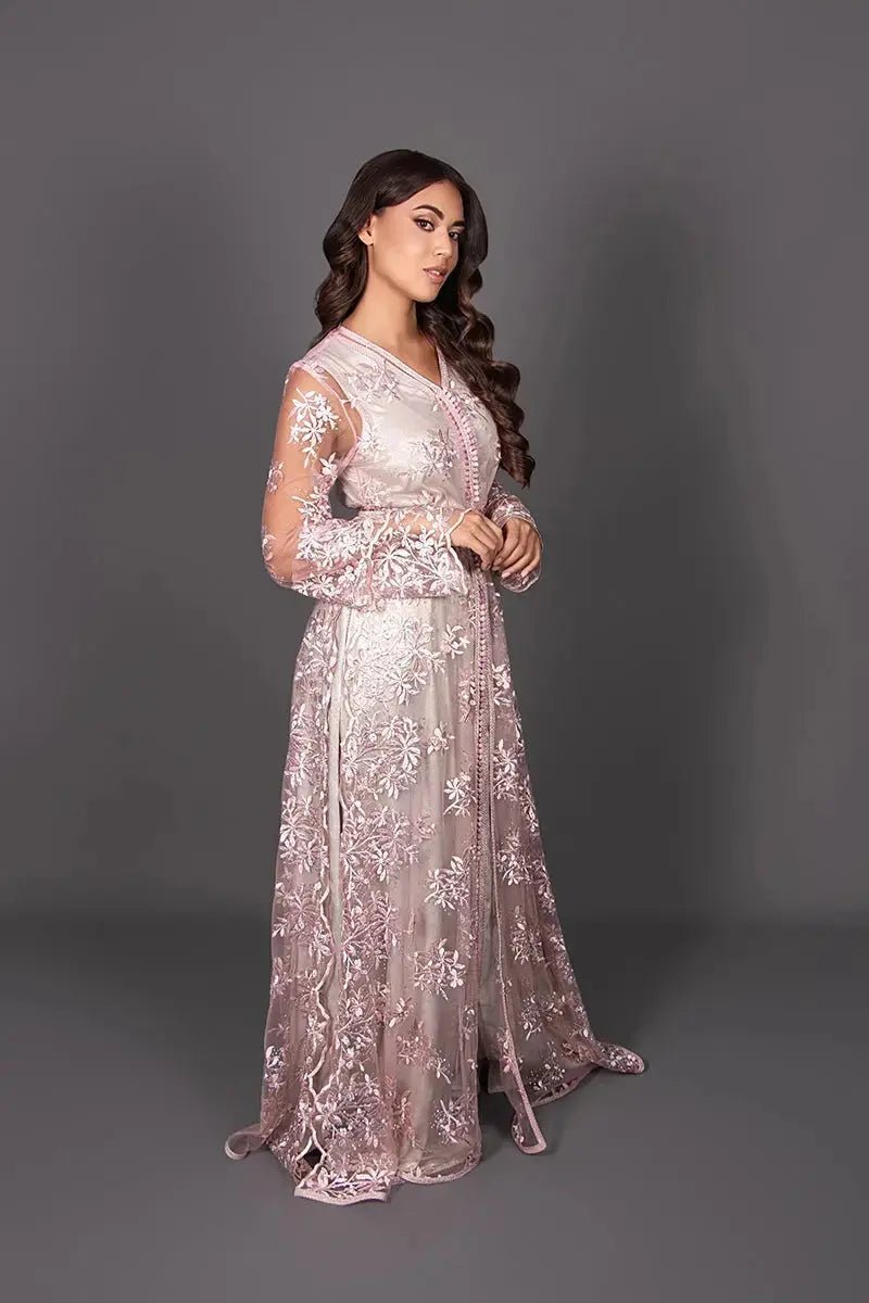 Pink lace takchita over silver lamé