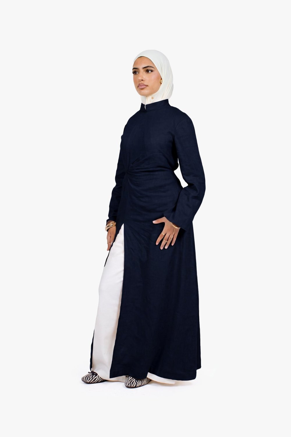 Robe longue fendue en lin et coton - Bleu marine