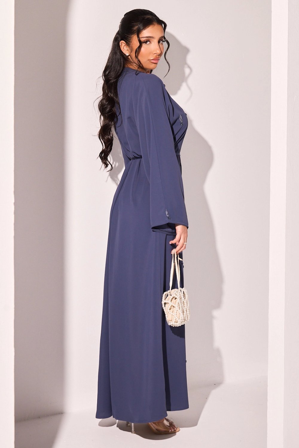 Abaya b strass sboula w nqat bleu foncé