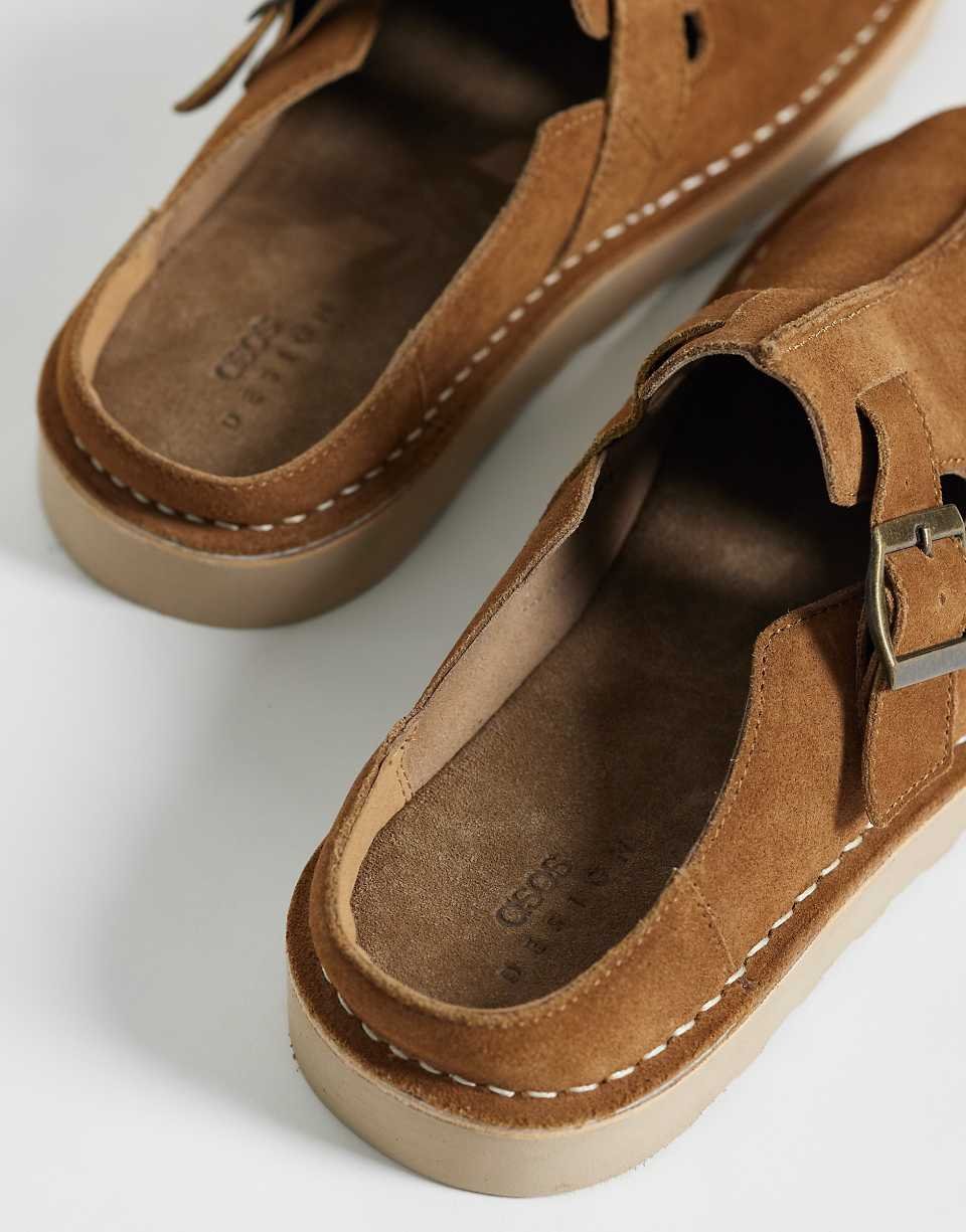 Sandales style mules en daim avec boucles et coutures apparentes - Fauve