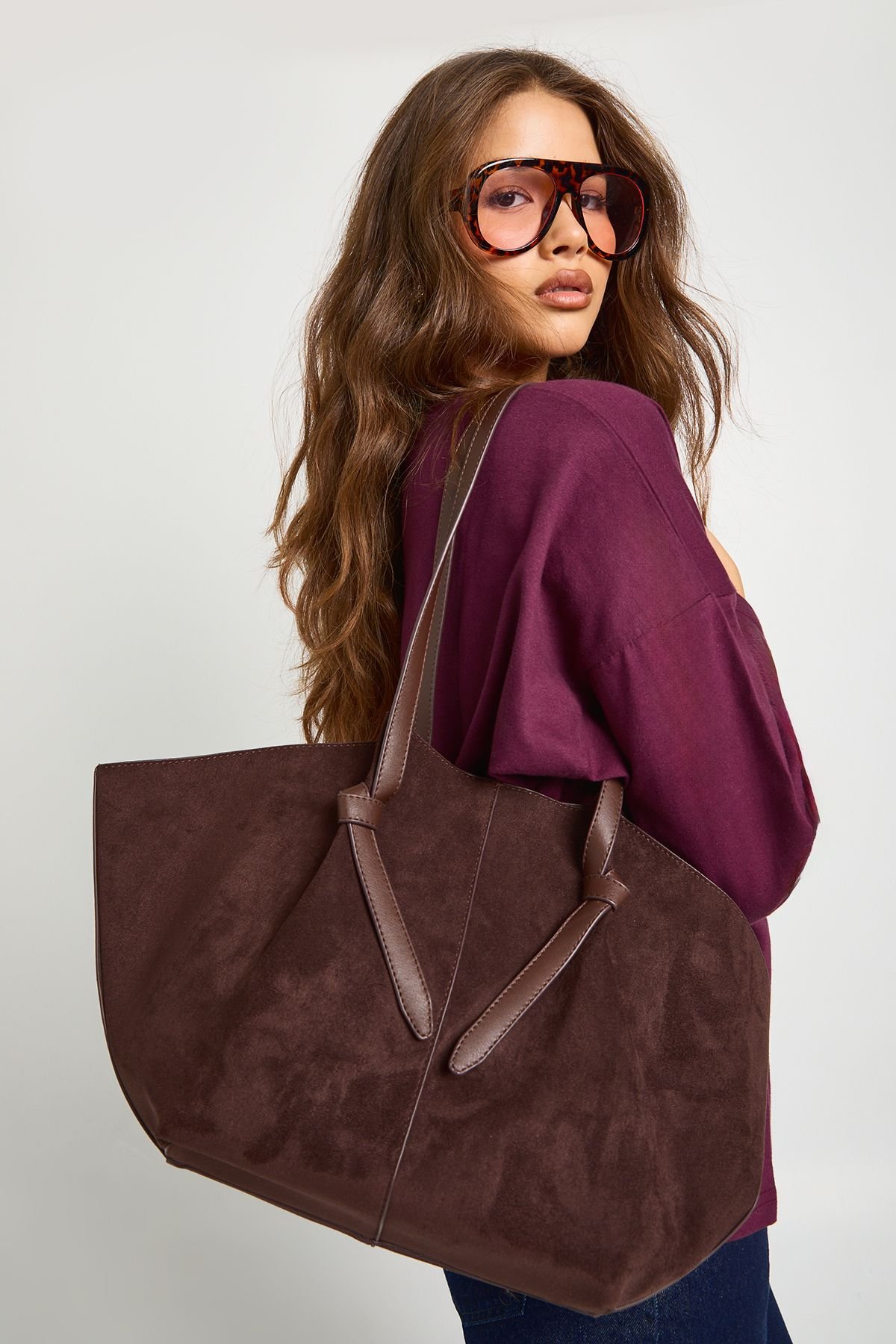 Faux suede tote bag with knotted handle