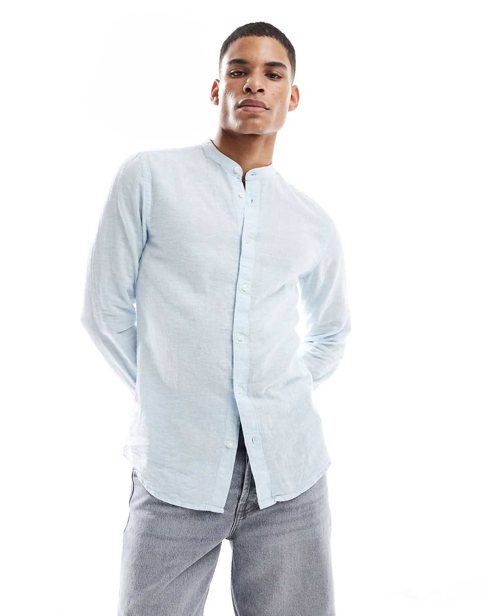 Chemise en lin mélangé à col grand-père - Bleu clair