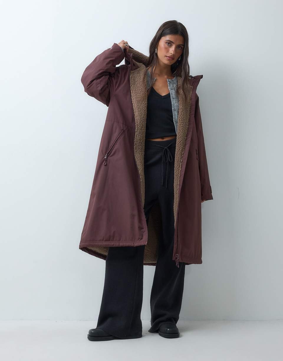 Longline trench with faux shearling lining - Burgundy