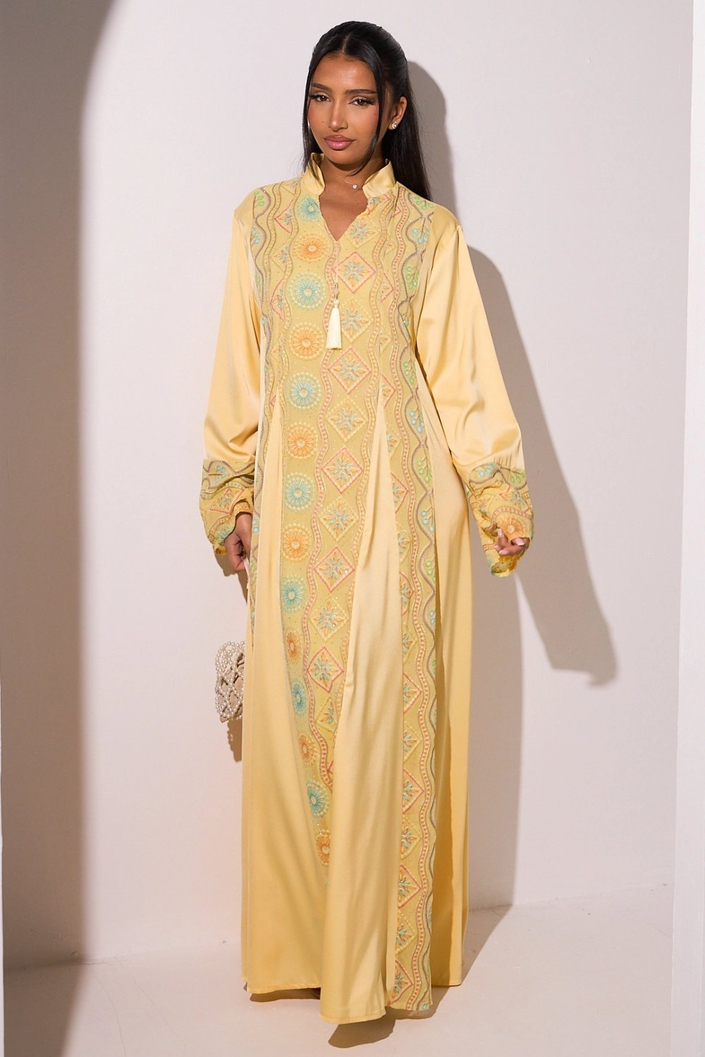 Yellow V-neck abaya with rhinestones