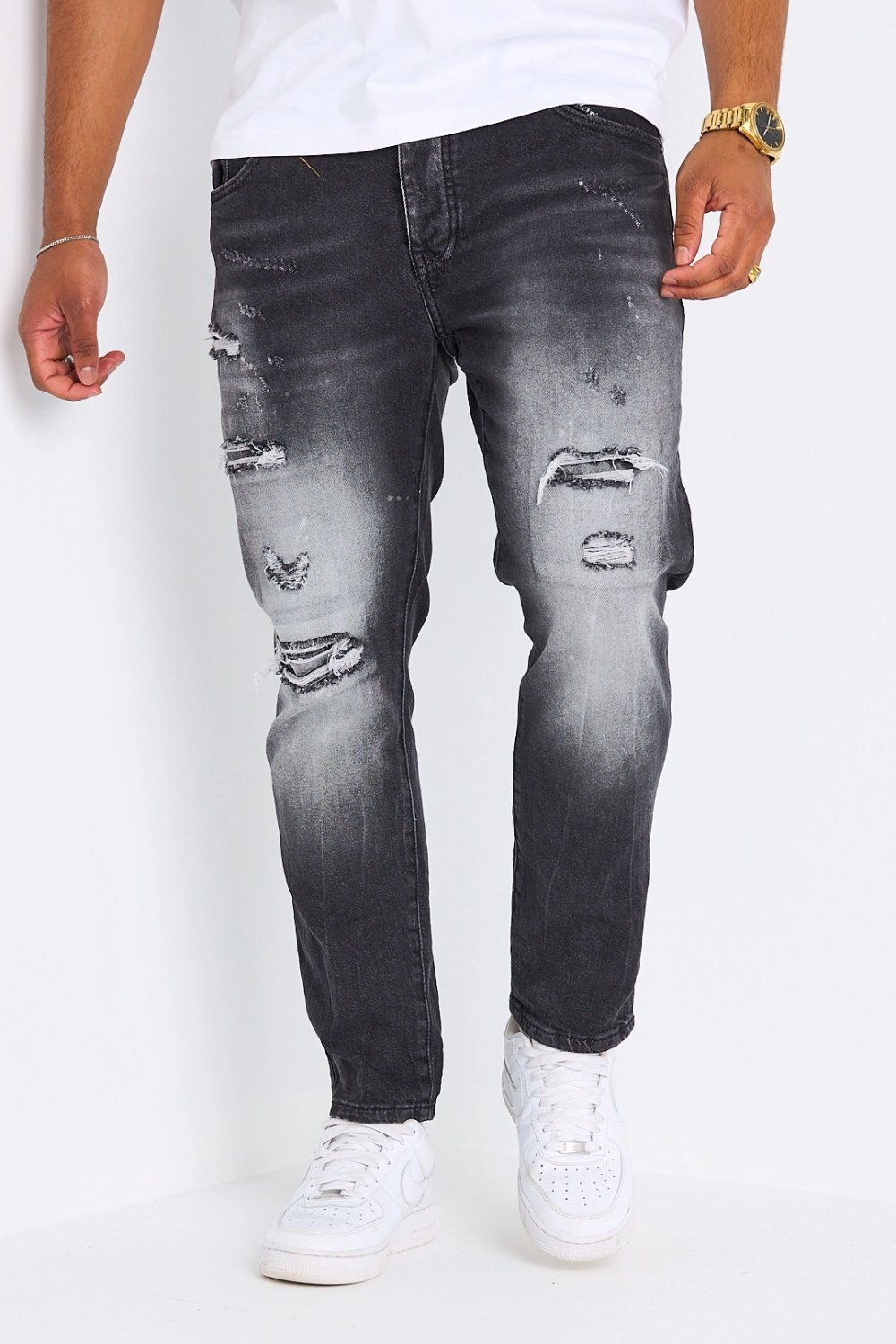 Dark grey slim washed ripped jeans