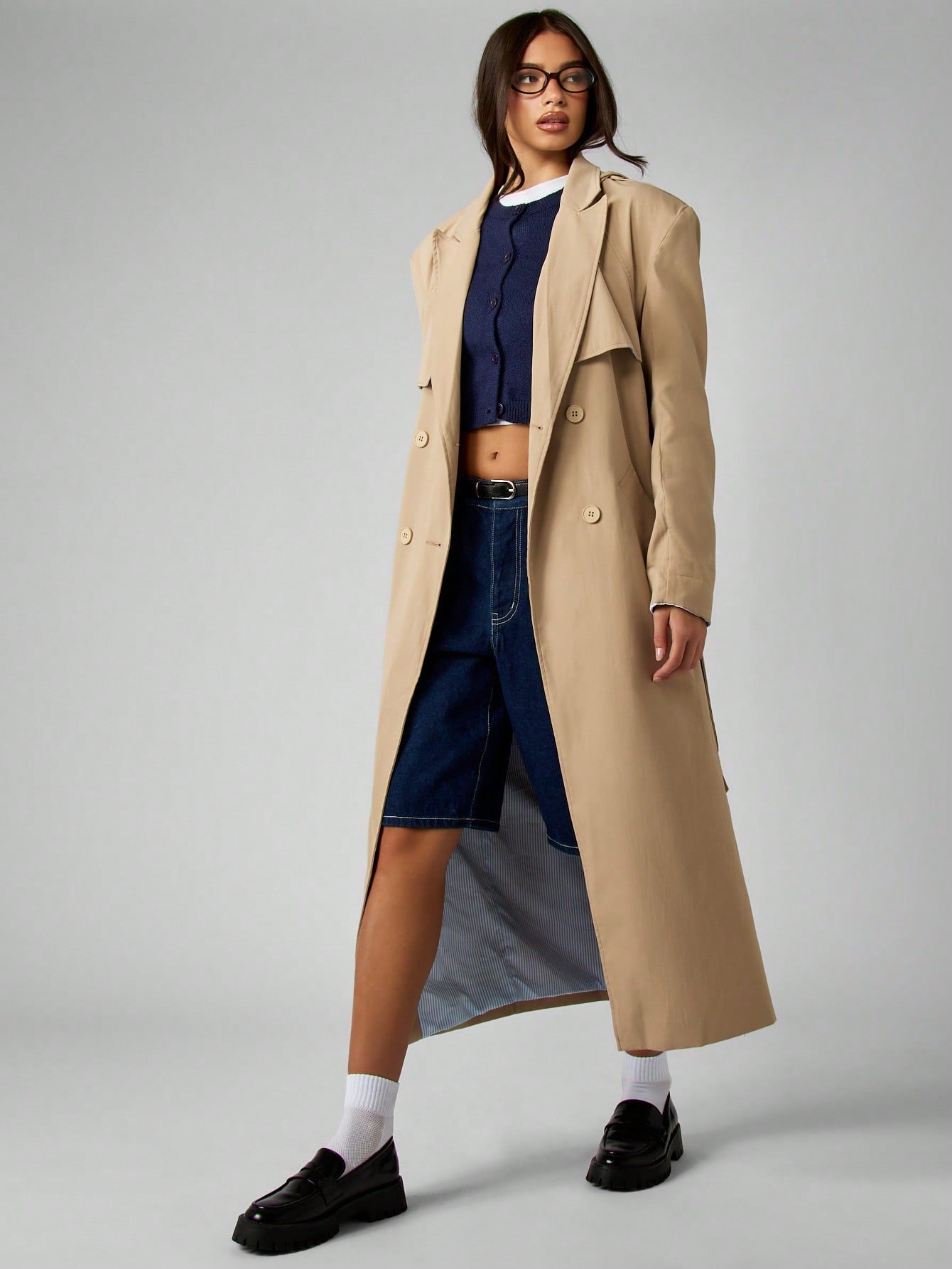 Oversize double-breasted trench coat with hood and belt