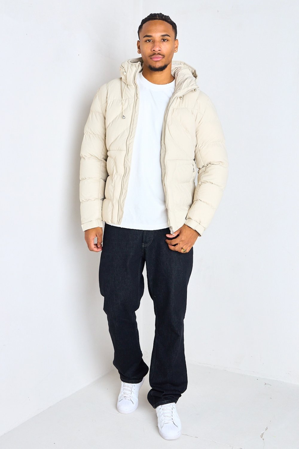 Beige quilted hooded puffer jacket