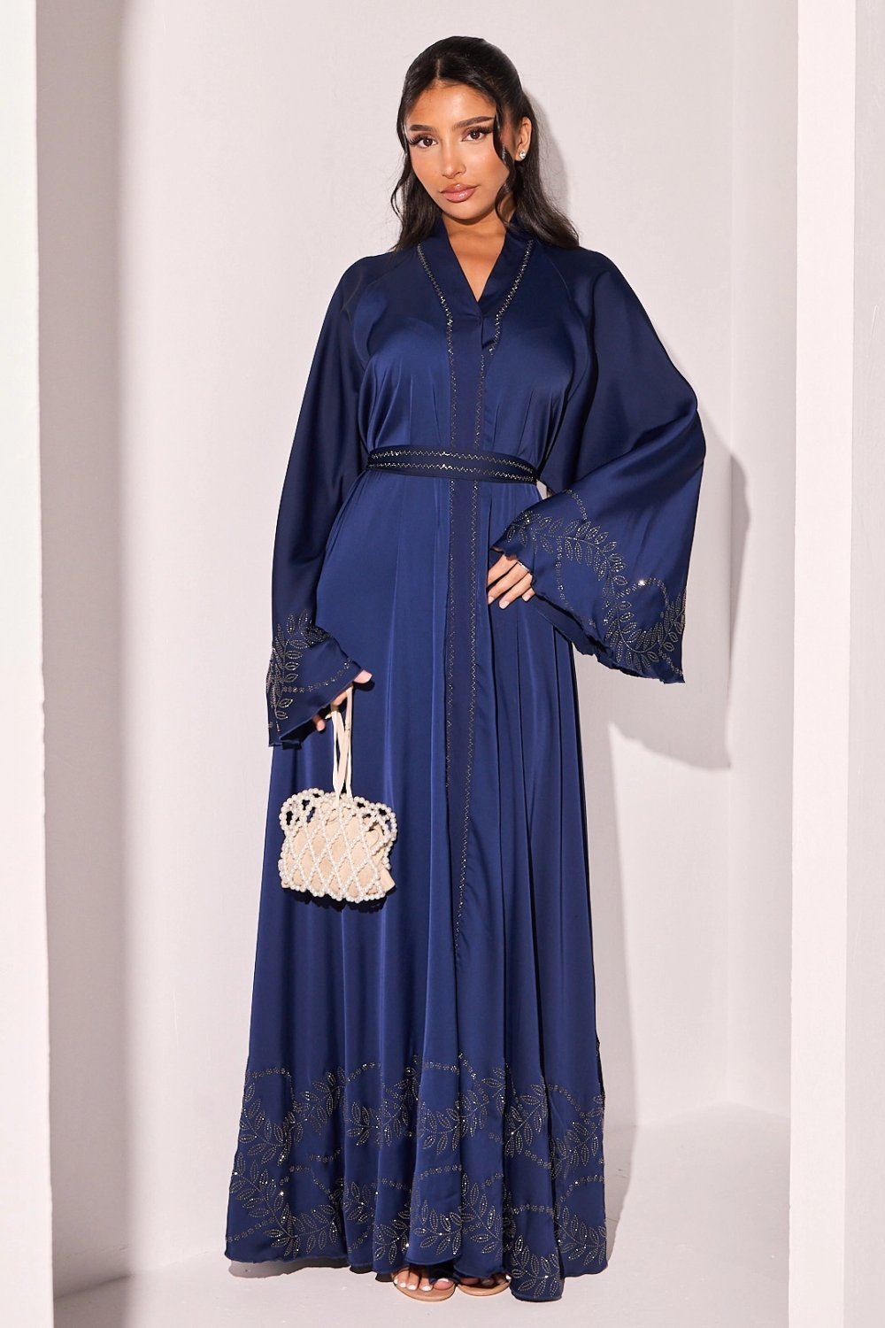 Abaya kmam évasés b khet strass bleu foncé