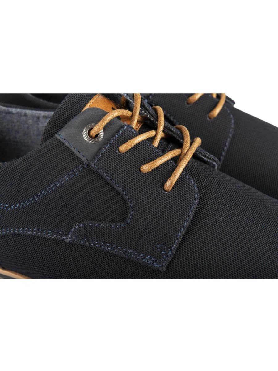 Navy casual derbies, tan laces