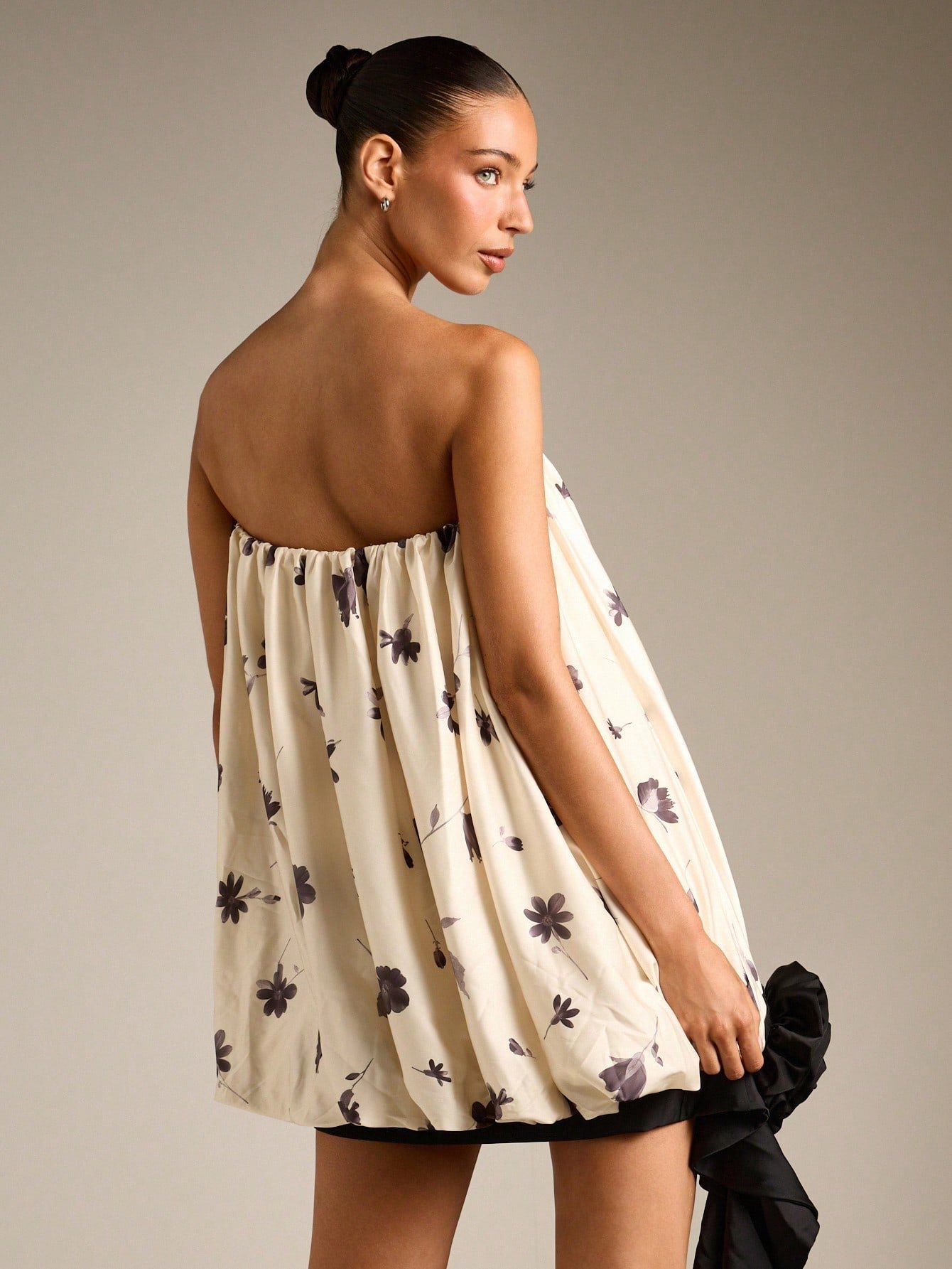Strapless Bubble Mini Dress With Floral Print And Black Satin Rosette