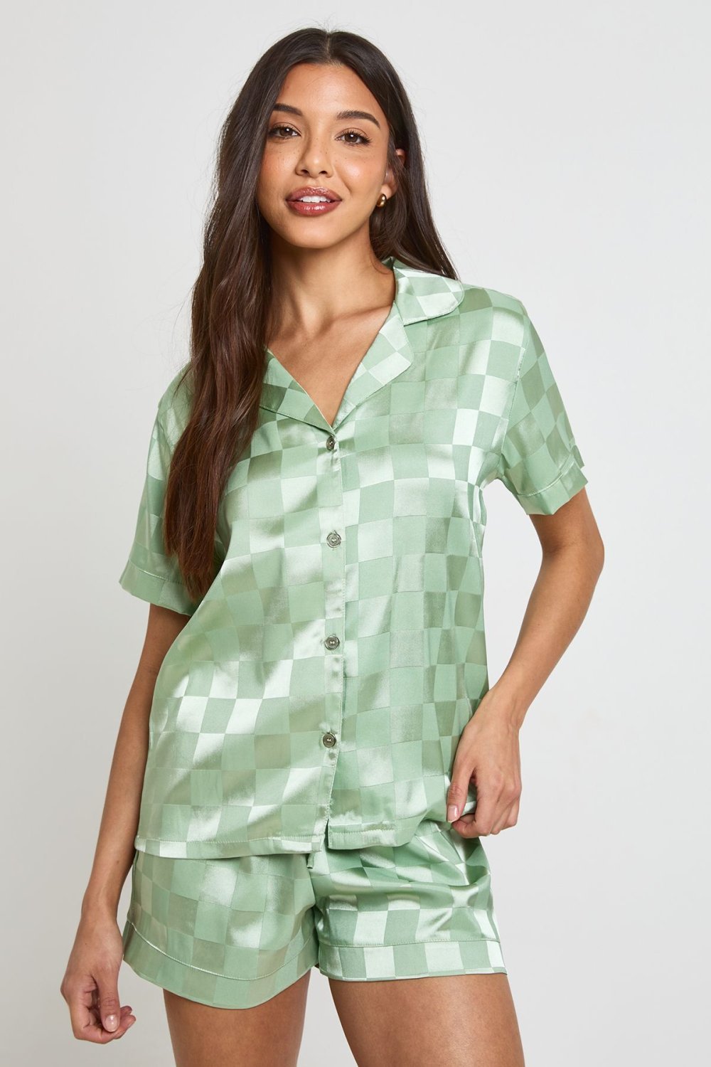 Pyjama chemise w short f satin jacquard b damier