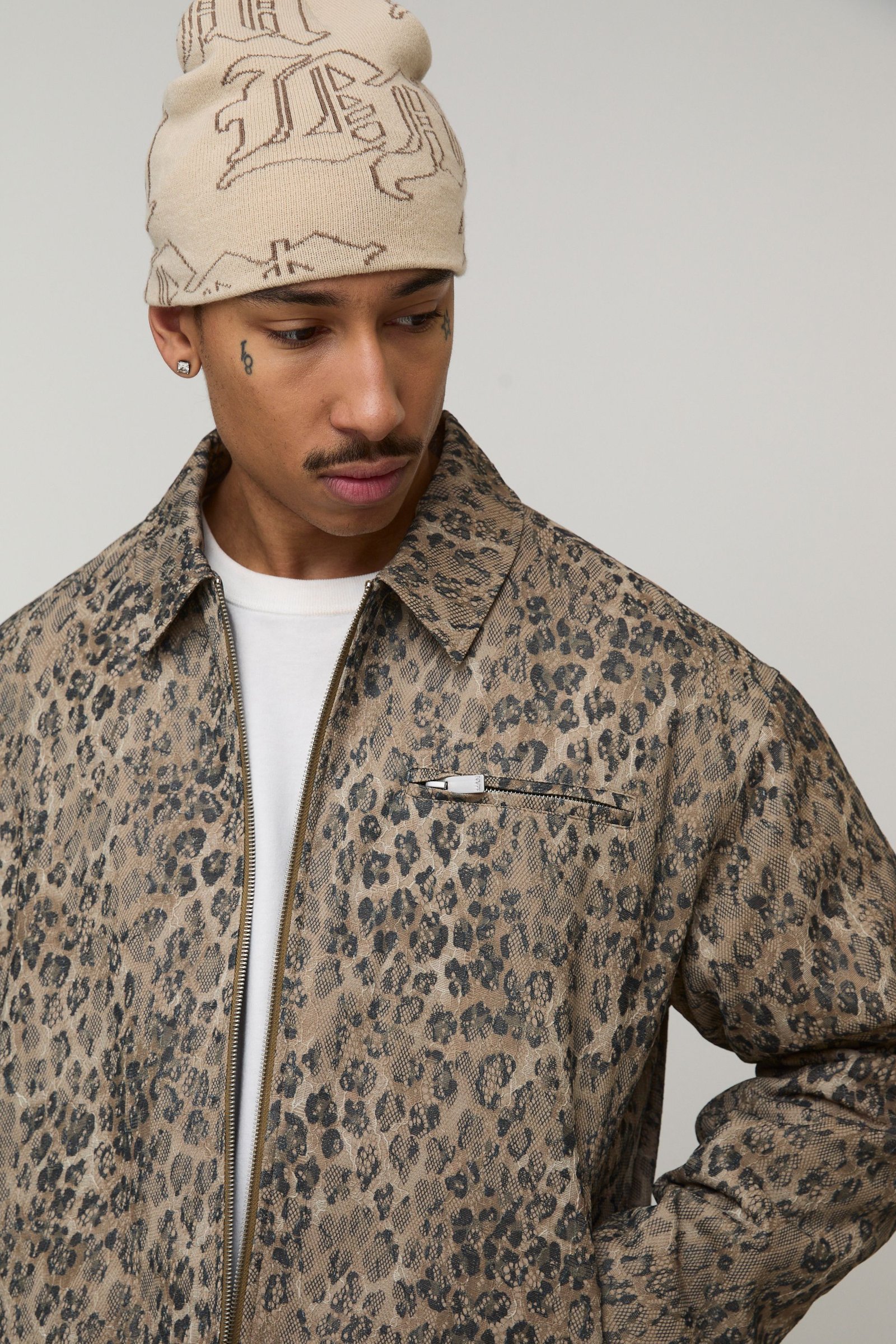 Veste Harrington f dentelle léopard coupe boxy