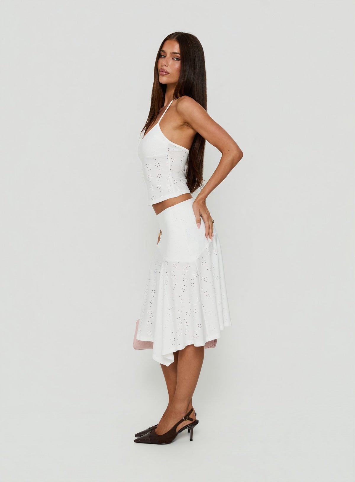 Asymmetric broderie midi skirt