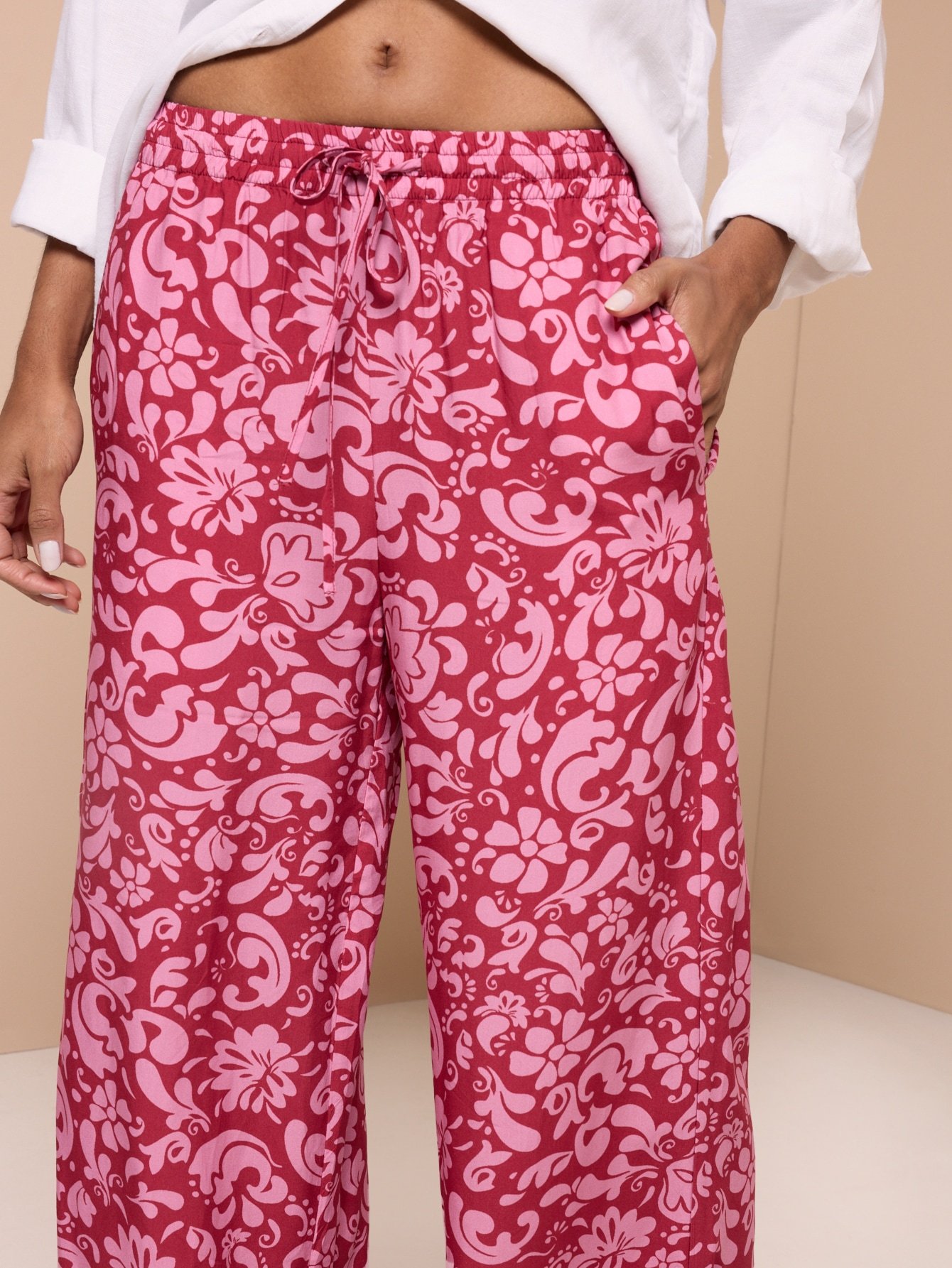 Flared Floral Print Trousers With Drawstring Waist