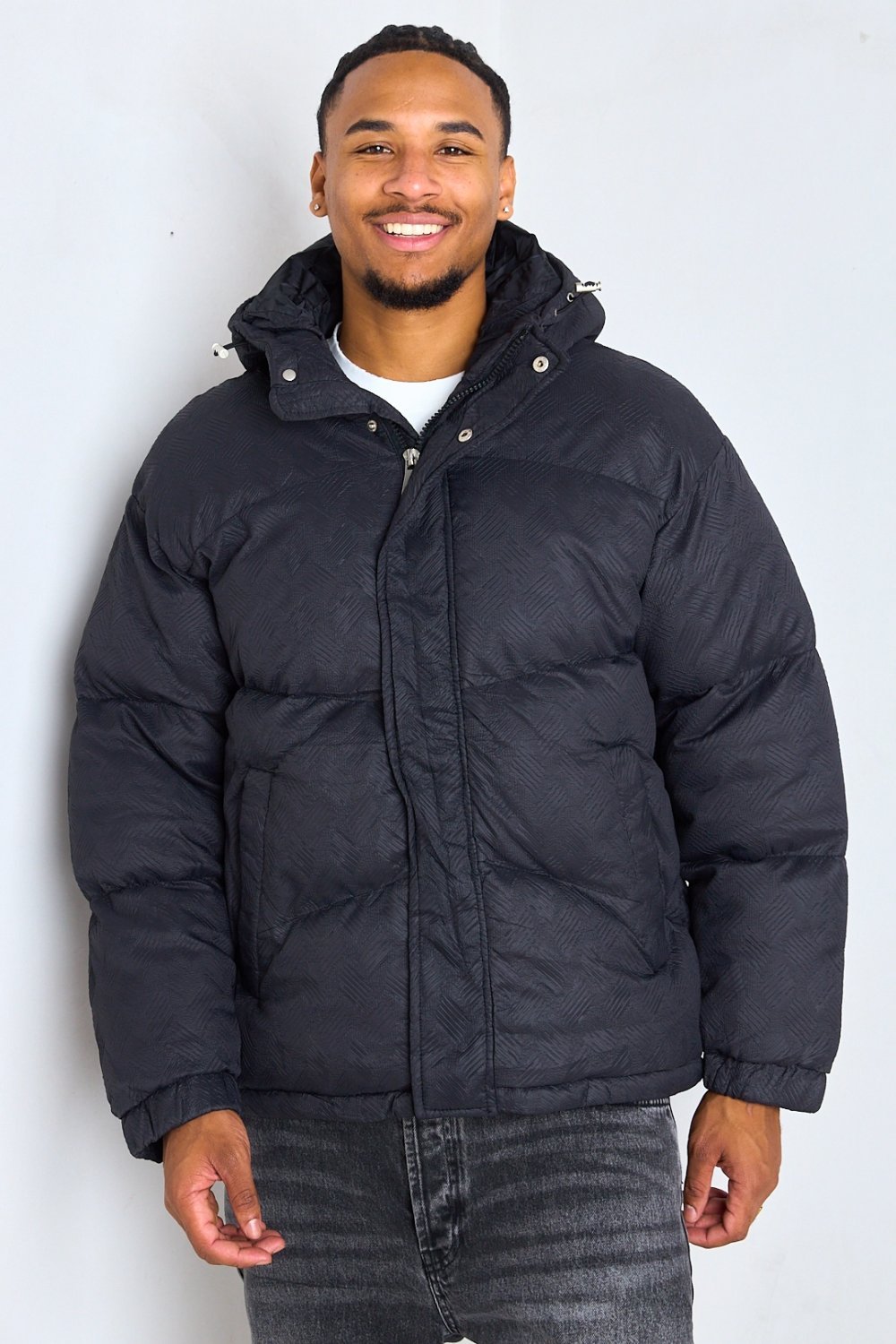 Black textured hooded puffer jacket