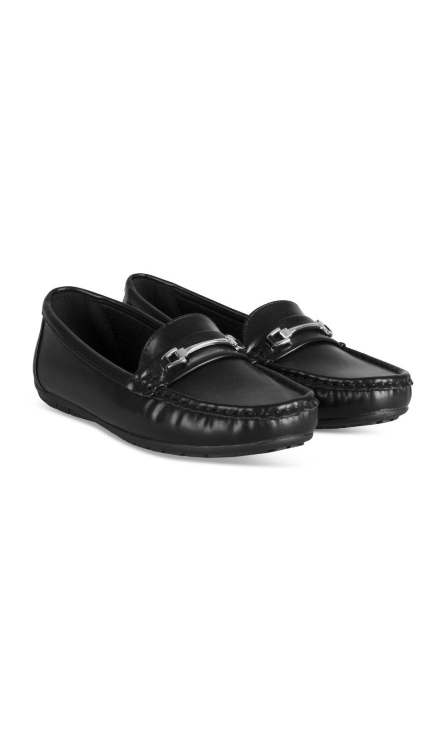 Black faux leather loafers, silver horsebit
