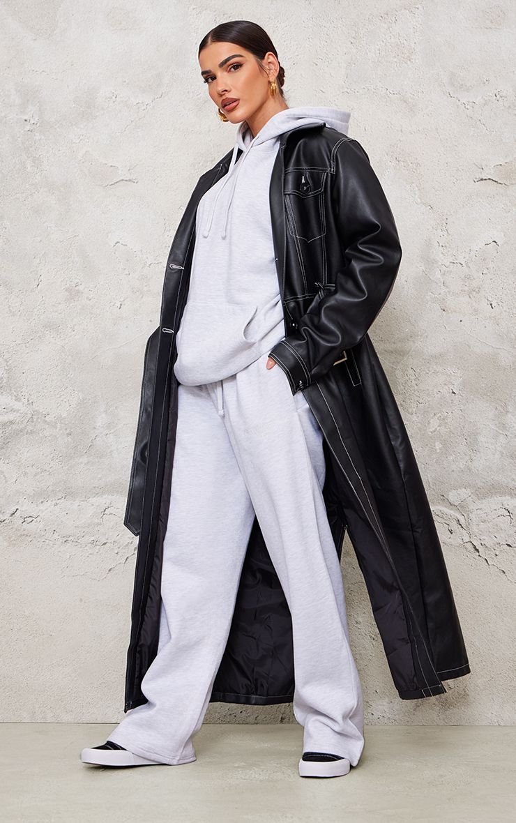 Olive PU Trench Coat With Contrast Stitching And Split Hem
