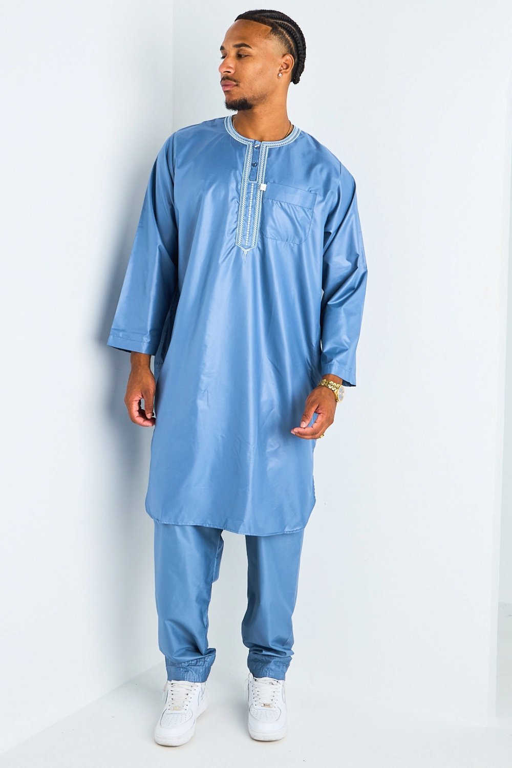 Light blue Aztec print qamis and trousers set