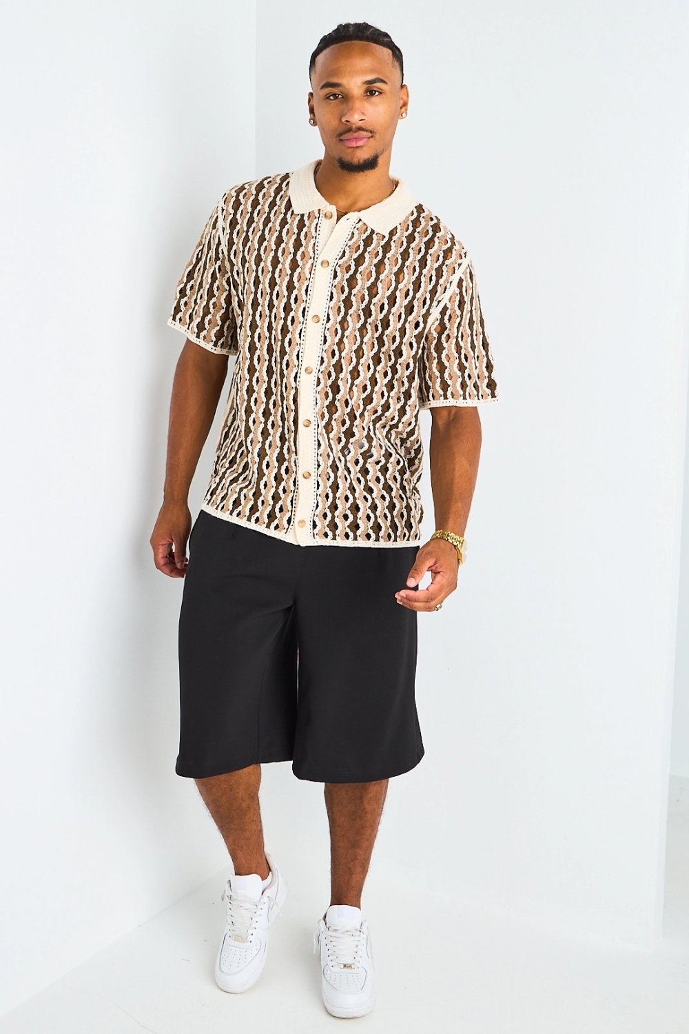 Chemise en crochet bicolore marron et taupe