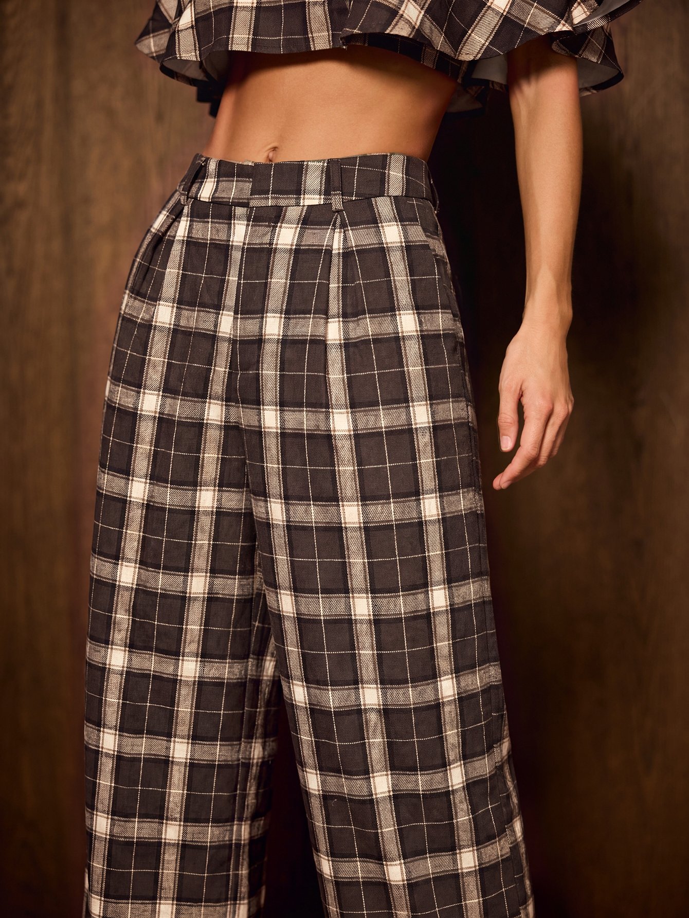 Pantalon palazzo taille haute jambe large à carreaux