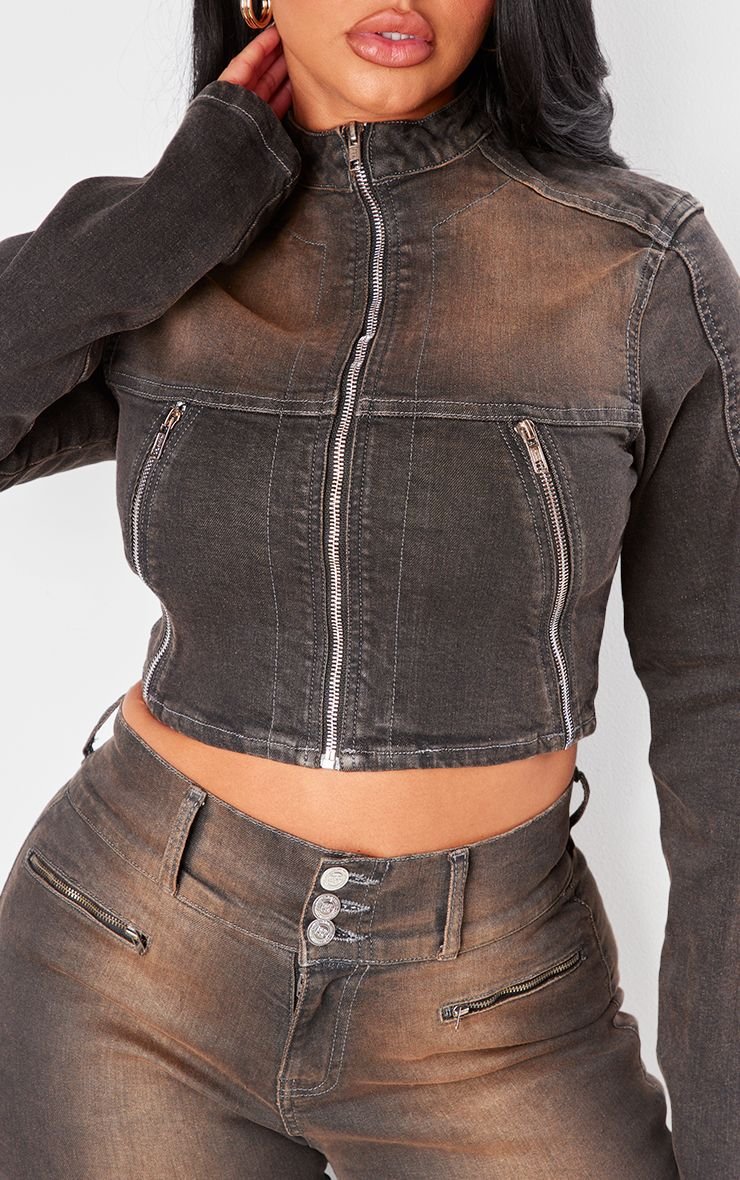 Shape Brown Washed Denim Cropped Fitted Jacket
