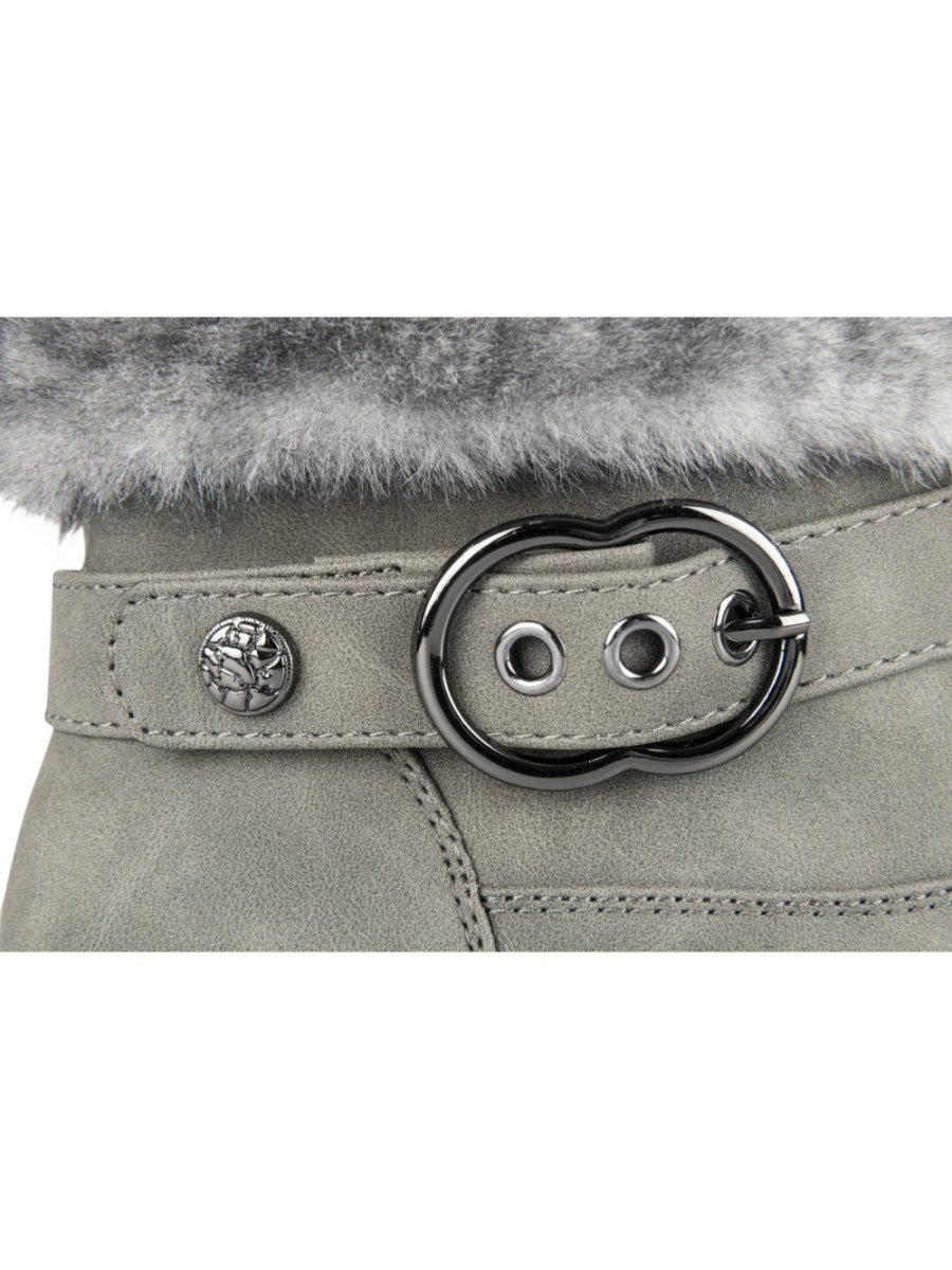 Grey faux fur cuff boots with buckle