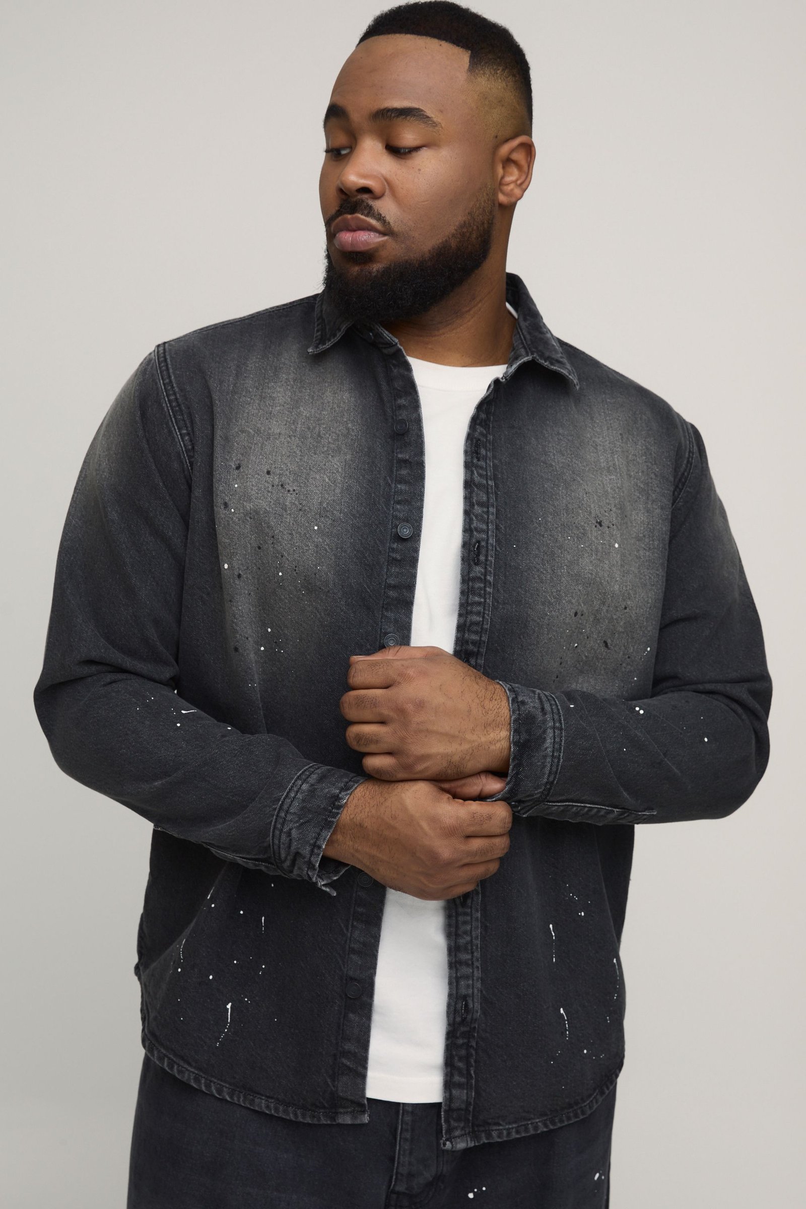Chemise en Denim Délavé à Éclaboussures de Peinture Coupe Regular Plus