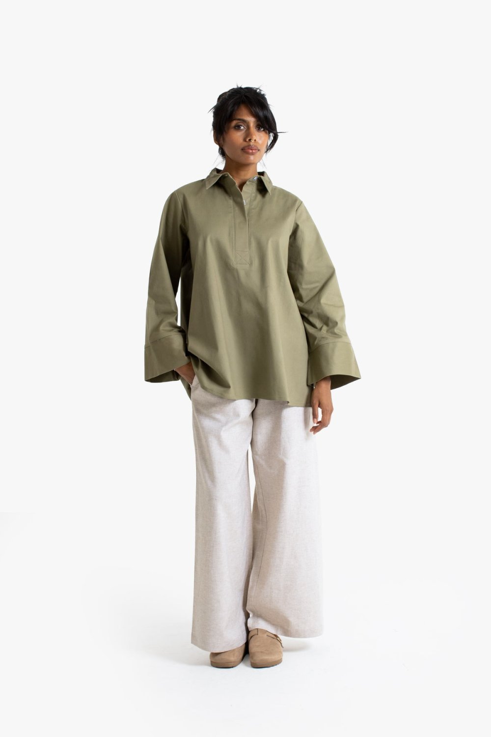 Oversized cotton collared top - Olive green